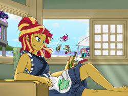 Size: 2224x1668 | Tagged: safe, artist:batipin, derpibooru import, applejack, fluttershy, pinkie pie, rainbow dash, rarity, sci-twi, sunset shimmer, twilight sparkle, equestria girls, :3, barefoot, beach, camera, cellphone, clothes, feet, female, glasses, humane five, humane seven, humane six, jumping, nintendo switch, phone, running, sandals, sitting, smartphone, solo focus, squirrel game, sunset sushi, swimsuit, video game, wetsuit, wiggling toes