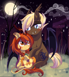 Size: 2344x2626 | Tagged: safe, artist:spookyle, derpibooru import, oc, oc only, oc:pixel, oc:pumpkin spell, bat pony, kirin, female, halloween, holiday, jack-o-lantern, kirin oc, male, moon, night, pumpkin, stallion