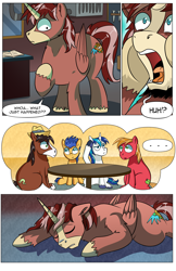 Size: 2036x3148 | Tagged: safe, artist:candyclumsy, derpibooru import, big macintosh, flash sentry, shining armor, trouble shoes, oc, oc:king speedy hooves, alicorn, earth pony, pegasus, pony, unicorn, comic:the birth of speedy hooves, butt, clydesdale, comic, commissioner:bigonionbean, confused, confusion, cutie mark, dialogue, exhausted, flank, flashback, fusion, fusion:king speedy hooves, male, passed out, plot, shocked, sleeping, stallion, surprised, table, thought bubble, thoughts, writer:bigonionbean