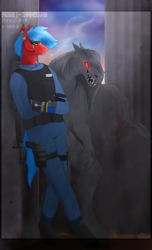 Size: 608x998 | Tagged: safe, artist:chao-xing, derpibooru import, oc, oc only, anthro, cyborg, earth pony, pony, unguligrade anthro, blood, blood stains, cigarette, clothes, commission, crossed arms, glowing eyes, gun, leaning, long hair, male, monster, no pupils, police, police officer, red eyes, rifle, scar, sharp teeth, smoke, smoking, stallion, teeth, uniform, vest, watermark, weapon