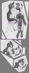 Size: 1878x4635 | Tagged: safe, artist:joestick, derpibooru import, oc, oc:arcalia, oc:kass, earth pony, pony, anatomically incorrect, blank flank, coat markings, duo, female, grayscale, hug, kissing, lying, male, mare, monochrome, nudity, pinto, pony pussy, siblings, socks (coat marking), stallion, traditional art