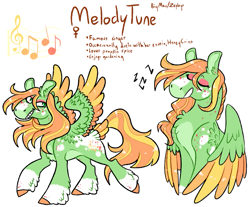 Size: 1089x900 | Tagged: safe, artist:fastserve, derpibooru import, oc, oc:melody tune, pegasus, pony, female, magical gay spawn, mare, music notes, offspring, parent:big macintosh, parent:zephyr breeze, parents:zephyrmac, simple background, singing, solo, white background