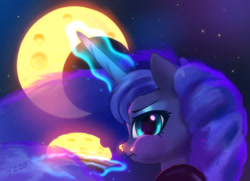 Size: 2243x1623 | Tagged: safe, artist:xbi, derpibooru import, princess luna, alicorn, pony, cheese moon, eating, edible heavenly object, female, looking at you, magic, mare, midnight snack, solo, telekinesis, transparent mane, transparent tail