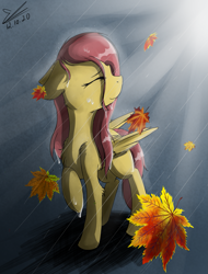 Size: 1021x1343 | Tagged: safe, artist:yuris, derpibooru import, fluttershy, pegasus, pony, leaves, leaves in hair, rain, smiley face, solo