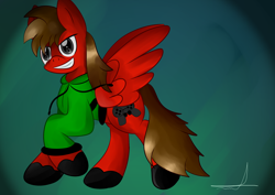 Size: 3100x2200 | Tagged: safe, artist:almaustral, derpibooru import, oc, oc only, pegasus, pony, clothes, grin, pegasus oc, raised hoof, signature, smiling, solo, unshorn fetlocks, wings