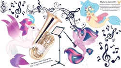 Size: 1024x576 | Tagged: safe, artist:gerrys117, derpibooru import, princess skystar, queen novo, twilight sparkle, twilight sparkle (alicorn), alicorn, my little pony: the movie, music, music notes, musical instrument, simple background, tuba, white background