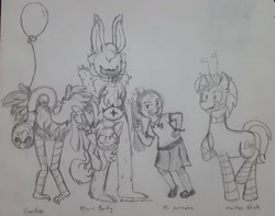 Size: 1280x1009 | Tagged: safe, artist:raypanda, derpibooru import, oc, oc only, earth pony, human, pony, balloon, clothes, crossover, earth pony oc, lineart, male, monochrome, raised hoof, skirt, socks, stallion, striped socks, traditional art