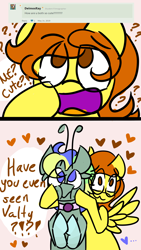 Size: 840x1494 | Tagged: safe, artist:raypanda, derpibooru import, oc, oc only, oc:blair darby, oc:valter nish, earth pony, pegasus, pony, ask, bust, cheek squish, collar, comic, earth pony oc, female, heart, male, mare, pegasus oc, siblings, squishy cheeks, stallion, wings