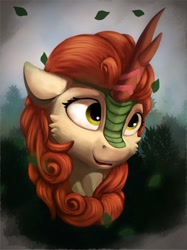 Size: 1000x1337 | Tagged: safe, artist:itssim, derpibooru import, autumn blaze, kirin, female, leaves, looking up, mare, open mouth, smiling, solo