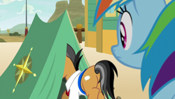 Size: 1280x720 | Tagged: safe, derpibooru import, screencap, quibble pants, rainbow dash, earth pony, pegasus, pony, common ground, butt, female, male, mare, plot, quibble butts, stallion, tent