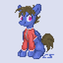 Size: 1344x1344 | Tagged: safe, artist:roachtoon, derpibooru import, oc, oc only, oc:cobolt sky, pegasus, clothes, colored pupils, folded wings, jacket, looking at you, male, pixel art, simple background, sitting, smiling, solo, white background, wings