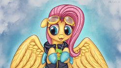 Size: 1920x1080 | Tagged: safe, artist:eltaile, derpibooru import, fluttershy, pegasus, pony, blushing, bunny ears, clothes, costume, cute, dangerous mission outfit, female, floppy ears, flutterspy, goggles, hoodie, hoof hold, juice, juice box, mare, open mouth, shyabetes, sky, solo, tongue out, wings