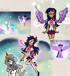 Size: 2472x2662 | Tagged: safe, artist:citi, derpibooru import, screencap, princess celestia, twilight sparkle, twilight sparkle (alicorn), alicorn, human, pony, magical mystery cure, artificial wings, ascension, augmented, crown, cutie mark accessory, humanized, jewelry, magic, princess celestia's special princess making dimension, regalia, scene interpretation, screencap reference, wings