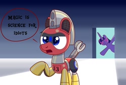 Size: 1280x864 | Tagged: safe, artist:trackheadtherobopony, derpibooru import, twilight sparkle, oc, oc:trackhead, alicorn, pony, robot, robot pony, female, mare, shiny eyes, text, this will end in tears