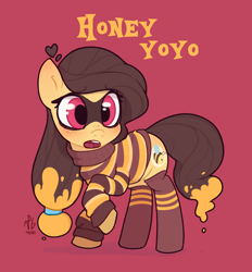 Size: 1300x1400 | Tagged: safe, artist:lilpinkghost, derpibooru import, oc, oc only, earth pony, pony, animal costume, bee costume, candy, clothes, costume, female, food, honey, mare, shy, simple background, socks, solo, sweater, sweet