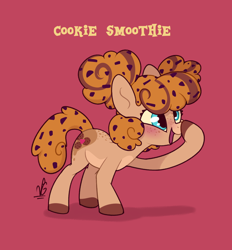 Size: 1300x1400 | Tagged: safe, artist:lilpinkghost, derpibooru import, oc, oc only, earth pony, pony, cookie, dessert, dummy thicc, earth pony oc, female, food, joke, mare, raised hoof, simple background, smiling, solo, sweet, watermark