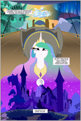 Size: 2000x2992 | Tagged: safe, artist:mlp-silver-quill, derpibooru import, princess celestia, oc, oc:imani, alicorn, elephant, pony, comic:imani, rainbow falls, airship, aurora borealis, castle of the royal pony sisters, cloudsdale, day, deck, evening, flashback, mare in the moon, memories, moon, night, statue of liberty