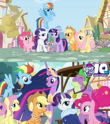 Size: 1280x1440 | Tagged: safe, artist:not-yet-a-brony, derpibooru import, edit, edited screencap, screencap, applejack, fluttershy, pinkie pie, rainbow dash, rarity, spike, twilight sparkle, twilight sparkle (alicorn), alicorn, dragon, earth pony, pegasus, pony, unicorn, season 1, season 9, the last problem, anniversary, happy birthday mlp:fim, lyrics in the description, mane seven, mane six, mlp fim's tenth anniversary, older, older applejack, older fluttershy, older mane seven, older mane six, older pinkie pie, older rainbow dash, older rarity, older spike, older twilight, ponyville, the magic of friendship grows, then and now, winged spike, youtube link