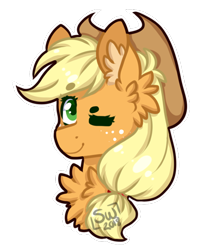 Size: 462x577 | Tagged: safe, alternate version, artist:silentwolf-oficial, derpibooru import, applejack, earth pony, pony, bust, chest fluff, ear fluff, female, freckles, hat, mare, one eye closed, signature, simple background, solo, transparent background, white outline, wink
