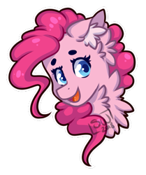 Size: 465x557 | Tagged: safe, alternate version, artist:silentwolf-oficial, derpibooru import, pinkie pie, earth pony, pony, bust, chest fluff, ear fluff, female, mare, open mouth, signature, simple background, smiling, solo, transparent background, white outline