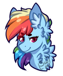 Size: 382x456 | Tagged: safe, alternate version, artist:silentwolf-oficial, derpibooru import, rainbow dash, pegasus, pony, bust, chest fluff, ear fluff, female, mare, signature, simple background, smiling, solo, transparent background, white outline
