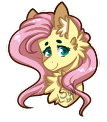 Size: 423x482 | Tagged: safe, alternate version, artist:silentwolf-oficial, derpibooru import, fluttershy, pegasus, pony, bust, chest fluff, ear fluff, female, mare, signature, simple background, smiling, solo, transparent background, white outline