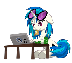 Size: 4000x3500 | Tagged: safe, artist:template93, derpibooru import, dj pon-3, vinyl scratch, pony, unicorn, can, chest fluff, chewing, computer, eating, food, glasses, laptop computer, pizza, simple background, soda, soda can, solo, sticker, table, transparent background