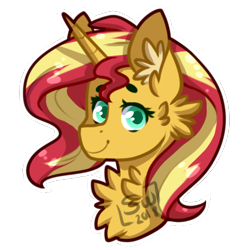 Size: 441x454 | Tagged: safe, alternate version, artist:silentwolf-oficial, derpibooru import, sunset shimmer, pony, unicorn, bust, chest fluff, ear fluff, female, mare, portrait, signature, simple background, smiling, solo, transparent background, white outline