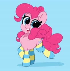 Size: 4034x4096 | Tagged: safe, artist:kittyrosie, derpibooru import, pinkie pie, earth pony, pony, absurd resolution, blue background, chest fluff, clothes, cute, diapinkes, ear fluff, female, mare, open mouth, simple background, socks, solo, striped socks