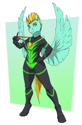 Size: 790x1200 | Tagged: safe, artist:akweer, derpibooru import, lightning dust, anthro, pegasus, unguligrade anthro, bodysuit, clothes, commission, female, gold medal, proud, solo, standing, uniform, washouts uniform, wings