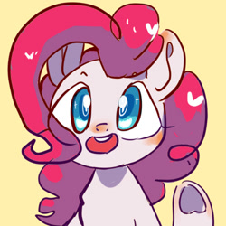 Size: 500x500 | Tagged: safe, artist:未知的生物, derpibooru import, pinkie pie, earth pony, pony, bust, colored pupils, cute, diapinkes, female, mare, open mouth, simple background, smiley face, solo, yellow background