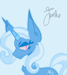 Size: 800x900 | Tagged: safe, artist:junko, derpibooru import, trixie, pony, unicorn, blue background, chest fluff, ear fluff, eyelashes, female, looking offscreen, mare, signature, simple background, smiling, smirk, solo