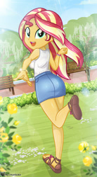 Size: 625x1130 | Tagged: safe, artist:charliexe, derpibooru import, sunset shimmer, equestria girls, armpits, bench, breasts, bunset shimmer, butt, clothes, denim skirt, feet, flower, happy, looking at you, looking back, multicolored hair, outdoors, rear view, running, sandals, scenery, sideboob, skirt, smiling, smiling at you, stupid sexy sunset shimmer, tanktop