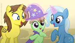 Size: 1006x583 | Tagged: safe, artist:grapefruitface1, derpibooru import, trixie, oc, oc:grapefruit face, oc:limey lulamoon, base used, cape, clothes, family, glowing horn, grapexie, happy, happy birthday mlp:fim, hat, horn, mlp fim's tenth anniversary, offspring, parent:oc:grapefruit face, parent:trixie, parents:canon x oc, parents:grapexie, trixie's cape, trixie's hat