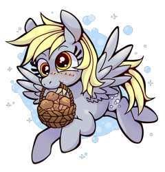Size: 1280x1336 | Tagged: safe, artist:kaylees-art, derpibooru import, derpy hooves, pegasus, pony, abstract background, basket, cute, derpabetes, female, flying, food, mare, mouth hold, muffin, simple background, solo, spread wings, transparent background, wings
