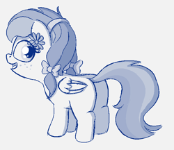 Size: 609x526 | Tagged: safe, artist:heretichesh, derpibooru import, oc, oc:angel blossom, pegasus, pony, bow, butt, female, filly, freckles, hair bow, happy, looking back, monochrome, pigtails, sketch, smiling