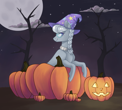 Size: 3000x2700 | Tagged: safe, artist:flaming-trash-can, derpibooru import, silver spoon, earth pony, pony, clothes, commission, halloween, hat, holiday, pumpkin, solo, trixie's hat, ych result