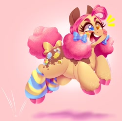 Size: 1280x1274 | Tagged: safe, artist:pastelperyton, derpibooru import, pinkie pie, earth pony, pony, bow, colored hooves, female, gradient background, hair bow, heterochromia, leg warmers, mare, pronking, redesign, solo, tail bow