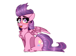 Size: 1262x931 | Tagged: safe, artist:moodi, derpibooru import, clear skies, pegasus, pony, :p, blushing, chest fluff, cute, cutie mark, eyebrows, female, females only, floppy ears, folded wings, looking at you, simple background, sitting, solo, tongue out, transparent background, wings