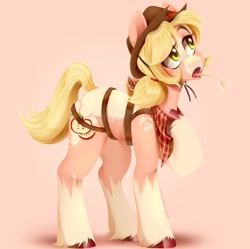 Size: 1280x1274 | Tagged: safe, artist:pastelperyton, derpibooru import, applejack, earth pony, pony, cowboy hat, female, gradient background, hat, mare, neckerchief, redesign, socks (coat marking), solo, straw in mouth, unshorn fetlocks