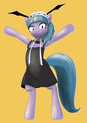 Size: 2508x3541 | Tagged: safe, artist:nullpotower, derpibooru import, tote bag (character), earth pony, pony, :3, bipedal, clothes, dress, female, headband, mare, simple background, solo, yellow background