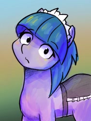 Size: 1495x1993 | Tagged: safe, artist:nullpotower, derpibooru import, tote bag (character), earth pony, pony, female, gradient background, head tilt, looking at you, mare, solo