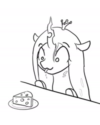 Size: 1496x1867 | Tagged: safe, artist:nullpotower, derpibooru import, queen chrysalis, changeling, changeling queen, black and white, bust, cheese, cute, cutealis, drool, female, food, grayscale, looking at something, monochrome, portrait, solo, swiss cheese, tongue out