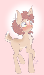 Size: 1166x2000 | Tagged: safe, artist:sinamuna, derpibooru import, oc, oc only, oc:pepper dust, deer, deer pony, original species, pony, unicorn, au:equuis, blushing, brown hair, confused, curly hair, deer tail, forehead mark, freckles, golden eyes, horn, lanky, long legs, male, messy hair, nervous, purple eyes, redesign, shy, solo, spots, two toned eyes, unideer