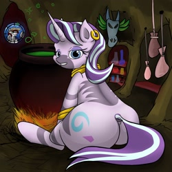 Size: 1920x1920 | Tagged: safe, artist:khaki-cap, derpibooru import, starlight glimmer, zecora, oc, oc:khaki-cap, oc:voodoo charms, earth pony, hybrid, pony, unicorn, zebra, background pony, blood, butt, cauldron, commissioner:bigonionbean, cutie mark, earth pony oc, easter egg, flank, flask, fusion, fusion:voodoo charms, happy, horn, horny, hut, hutt, kinky, large butt, mask, nosebleed, peeping tom, plot, star wars, suspicious, thicc ass, unicorn oc, writer:bigonionbean, zebra oc