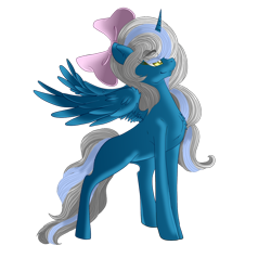 Size: 1024x1024 | Tagged: safe, artist:sakimiaji, derpibooru import, oc, oc:fleurbelle, alicorn, alicorn oc, bow, cute, female, gift art, golden eyes, hair bow, horn, mare, simple background, smiling, transparent background, wings