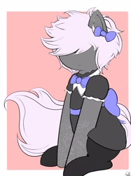 Size: 2106x2820 | Tagged: safe, artist:drawalaverr, derpibooru import, oc, oc:pulsse, earth pony, pony, bow, clothes, crossdressing, femboy, maid, male, simple background, sitting, smiling, solo