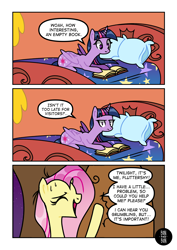 Size: 2894x4093 | Tagged: safe, artist:bonpikabon, derpibooru import, fluttershy, twilight sparkle, twilight sparkle (alicorn), alicorn, pegasus, pony, comic:princess fluttershy, bed, blanket, book, comic, eyes closed, female, golden oaks library, knocking, mare, messy mane, open mouth, pillow, raised hoof, sweat, sweatdrop, sweatdrops, twilight is not amused, unamused