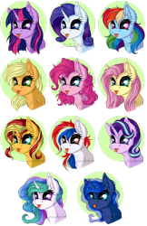 Size: 1600x2466 | Tagged: safe, artist:julunis14, derpibooru import, applejack, fluttershy, pinkie pie, princess celestia, princess luna, rainbow dash, rarity, starlight glimmer, sunset shimmer, twilight sparkle, oc, oc:britannia (uk ponycon), alicorn, earth pony, pegasus, pony, unicorn, blepping, bust, cute, portrait, simple background, tongue out, transparent background, watermark