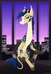 Size: 1724x2511 | Tagged: safe, artist:andaluce, derpibooru import, oc, oc:procerus, giraffe, city, cityscape, indoors, lineless, sitting, solo